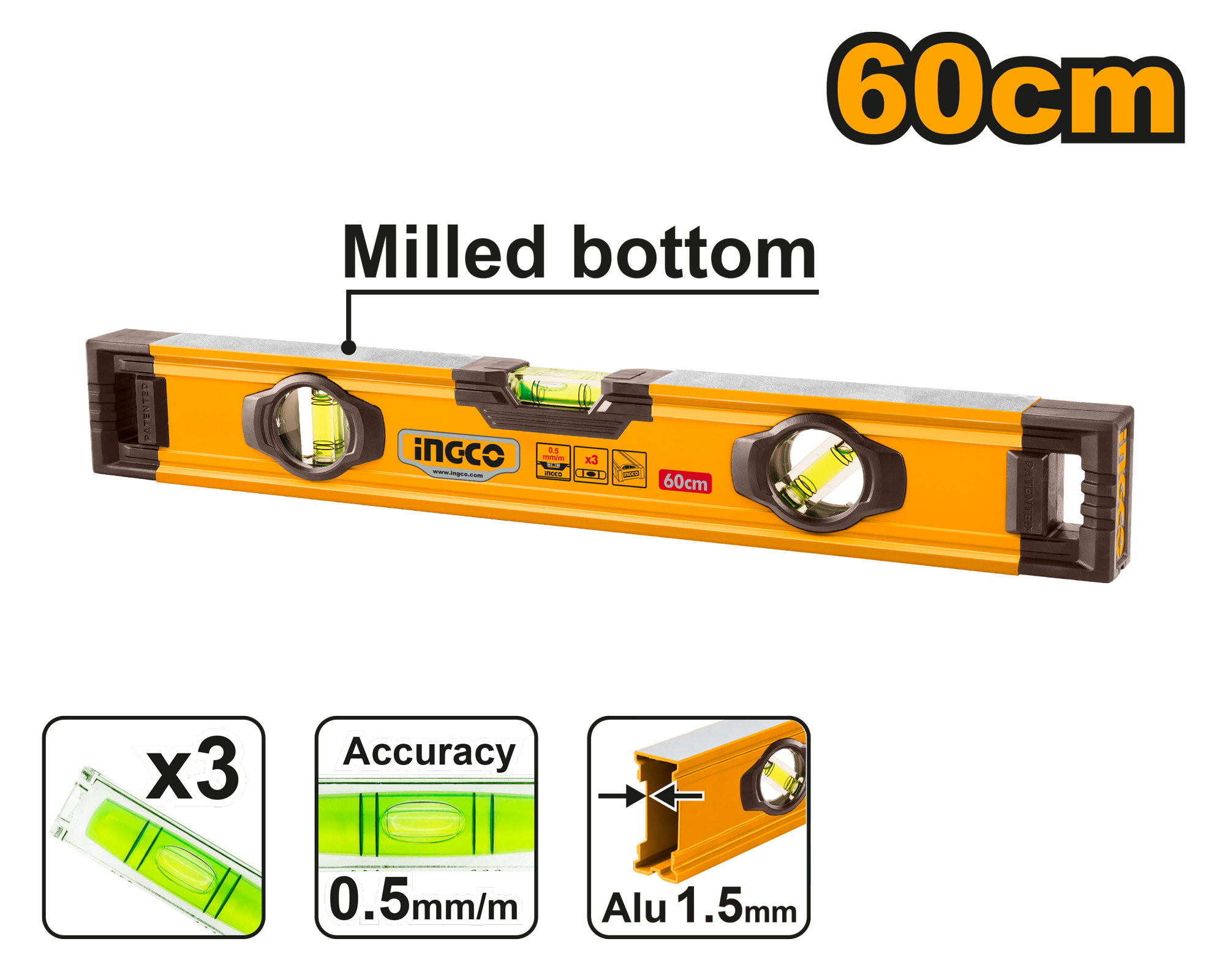INGCO 60CM Milled Bottom Spirit Level - HSL08060