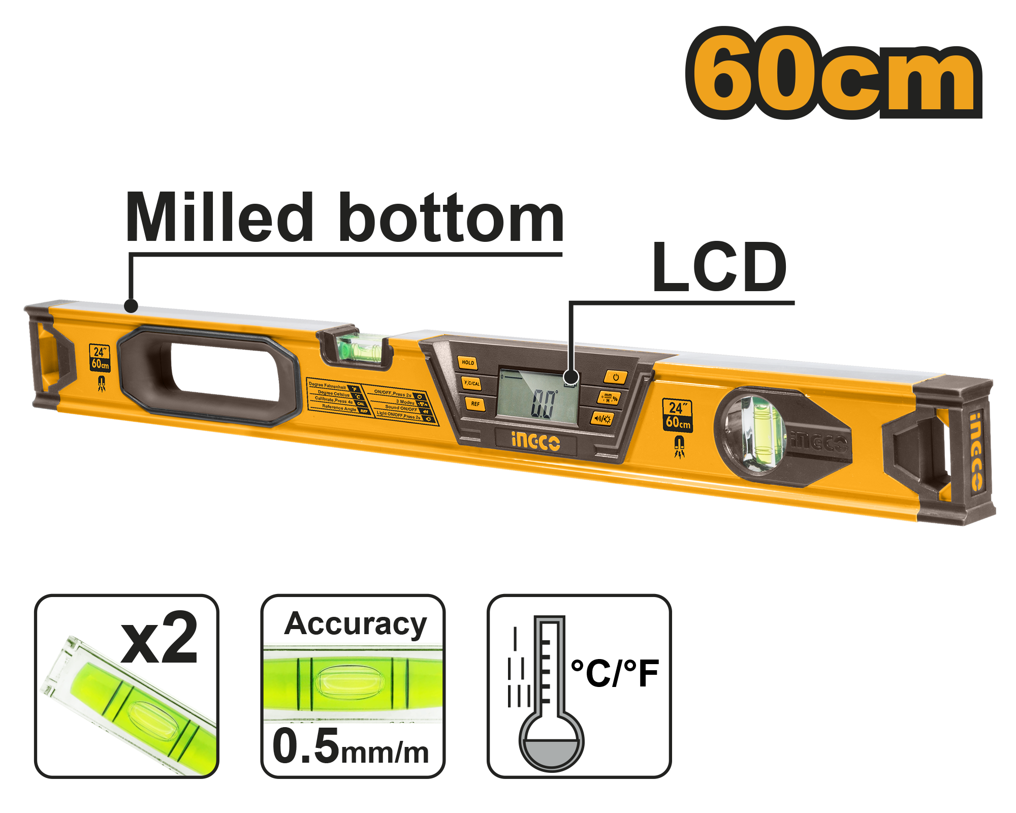 INGCO 60CM Milled Bottom Digital Level - HSL08060D