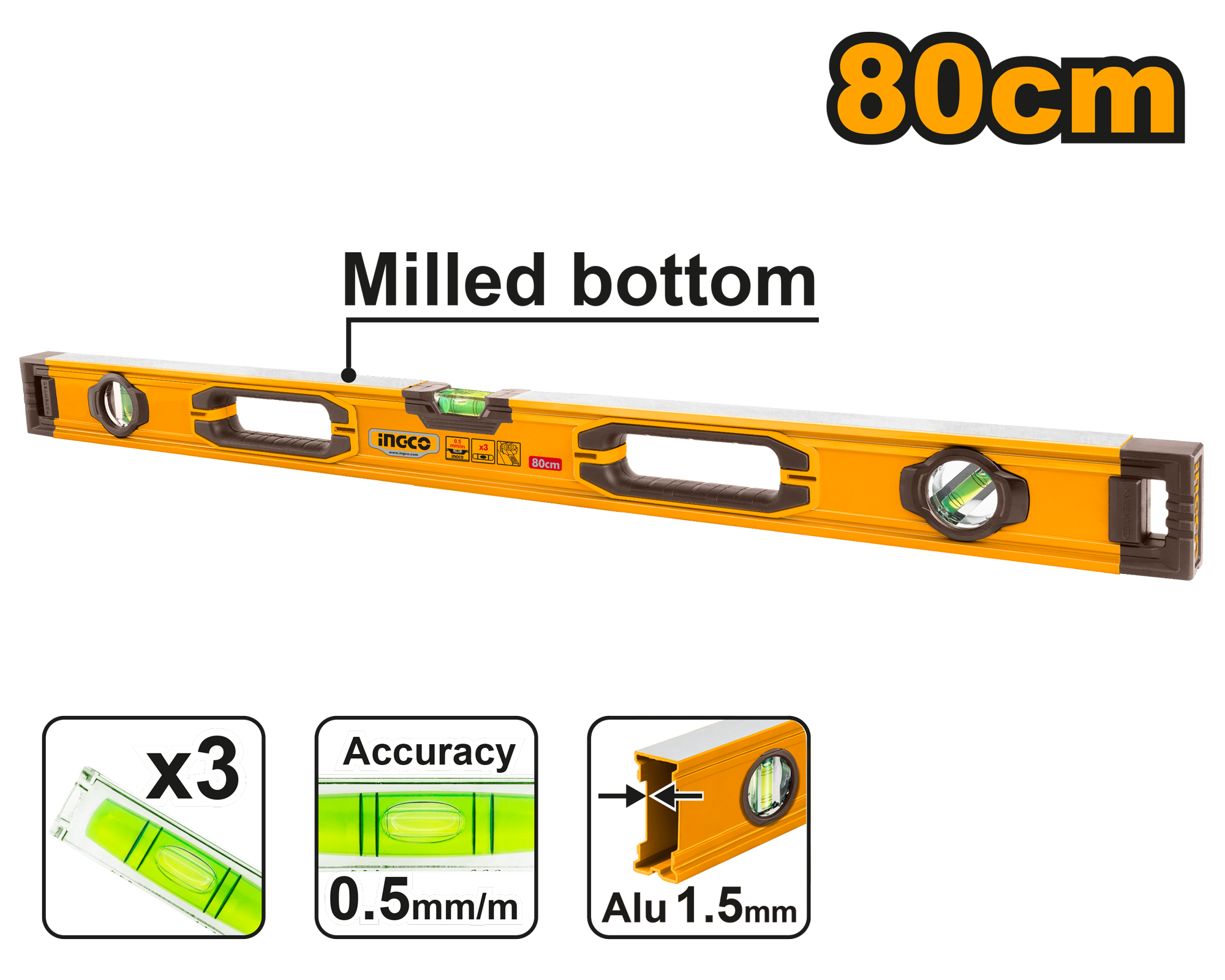 INGCO 80CM Milled Bottom Spirit Level - HSL08080