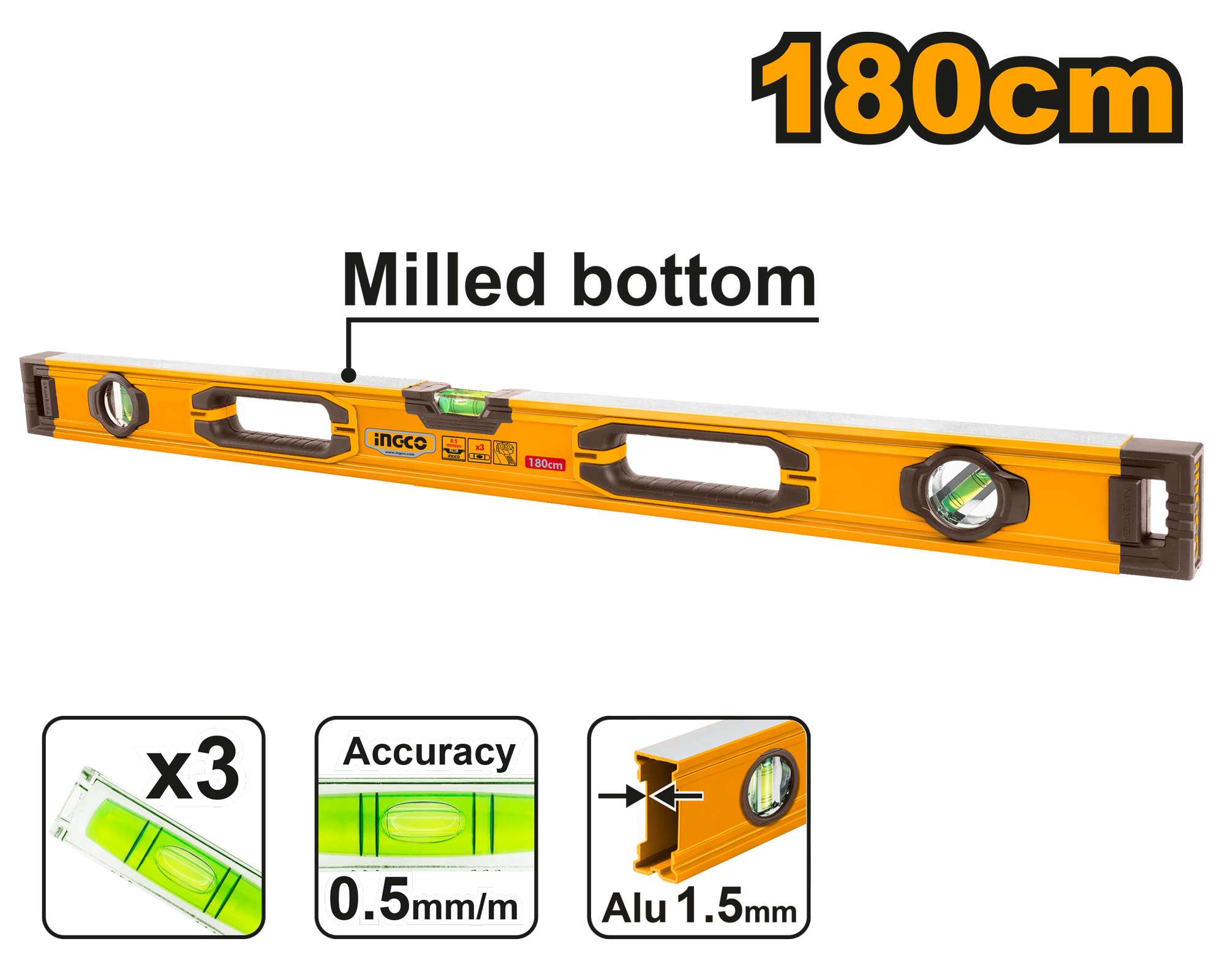 INGCO 180CM Milled Bottom Spirit Level - HSL08180