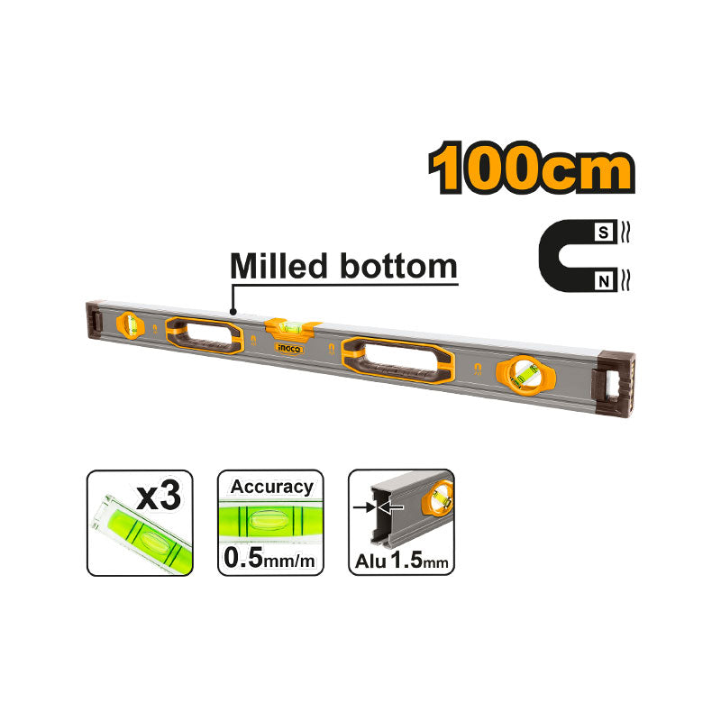 INGCO 100CM Milled Bottom Spirit Level with Powerful Magnets - HSL38100M
