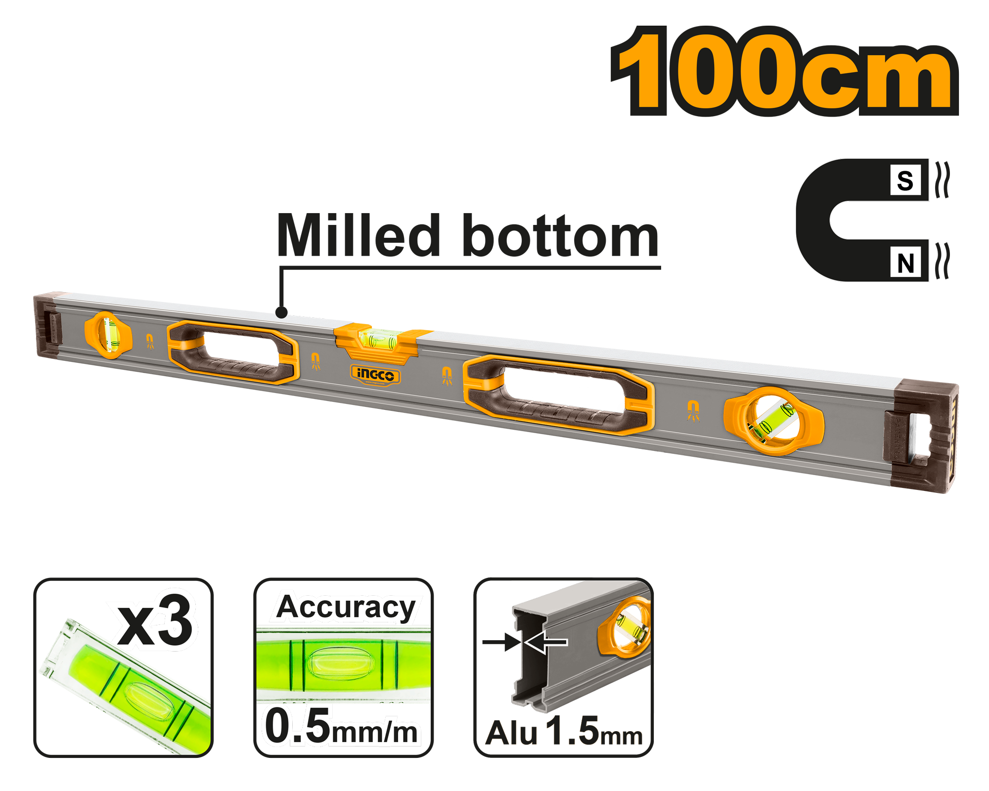 INGCO 100CM Milled Bottom Spirit Level with Powerful Magnets - HSL38100M Main image
