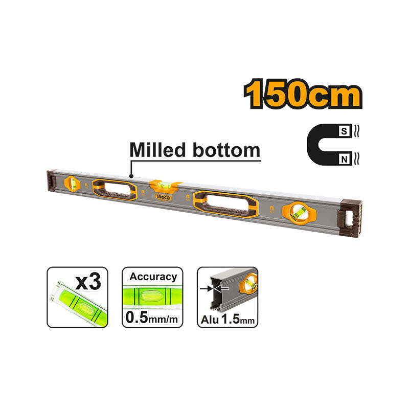 INGCO 150CM Milled Bottom Spirit level with Powerful Magnets - HSL38150M