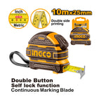 INGCO 10Mx25MM Double Button, Self Lock Function, Continuous Marking Blade Steel Measuring Tape with Double Side Printing - HSMT081025