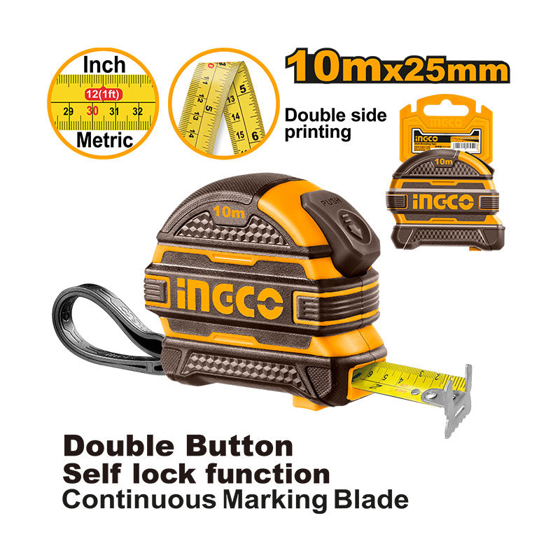 INGCO 10Mx25MM Double Button, Self Lock Function, Continuous Marking Blade Steel Measuring Tape with Double Side Printing - HSMT081025