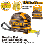 INGCO 10Mx25MM Double Button, Self Lock Function, Continuous Marking Blade Steel Measuring Tape with Double Side Printing - HSMT081025