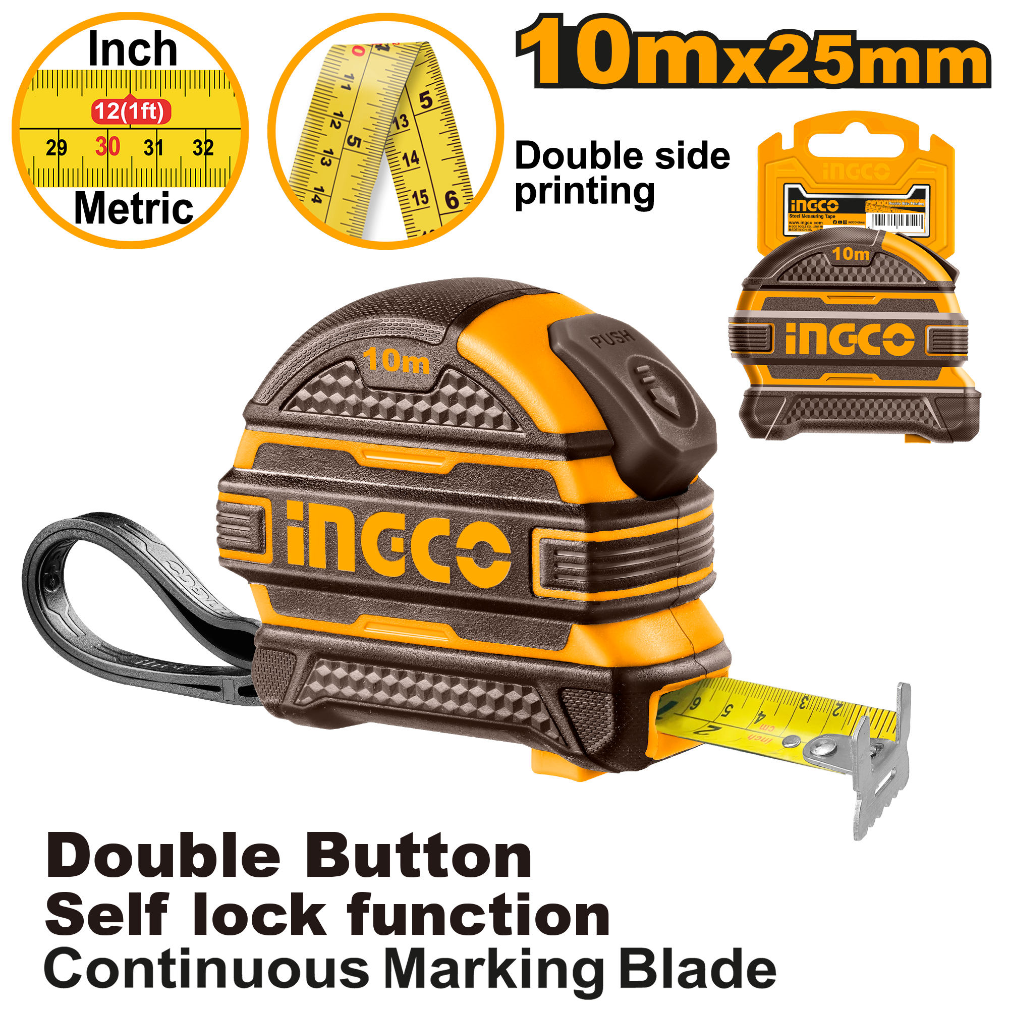INGCO 10Mx25MM Double Button, Self Lock Function, Continuous Marking Blade Steel Measuring Tape with Double Side Printing - HSMT081025