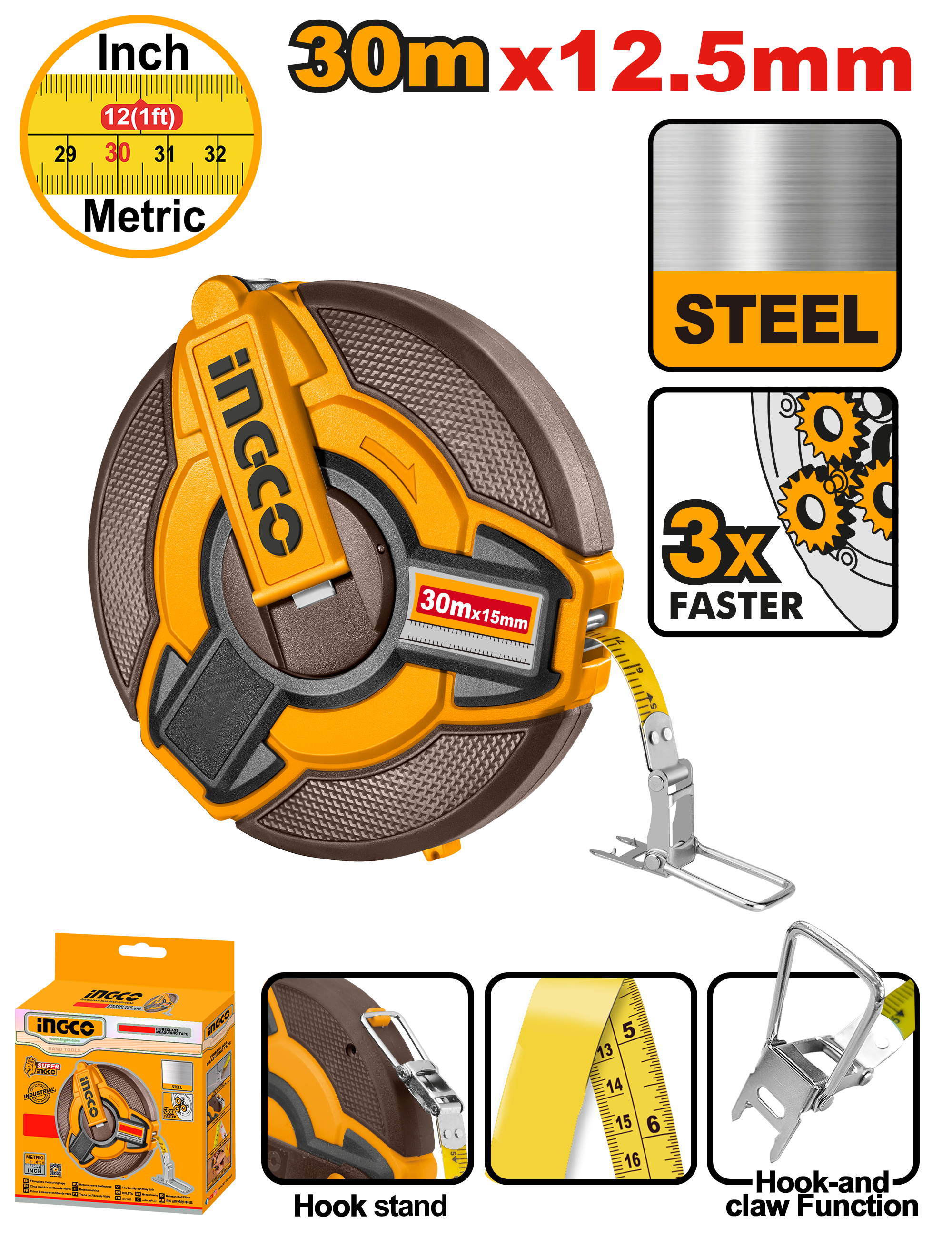 INGCO 30Mx12.5MM Steel Measuring Tape - HSMT0830
