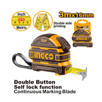 INGCO 3Mx16MM Double Button Self Lock Function, Continuous Marking Blade Steel Measuring Tape with Double Side Printing- HSMT08316