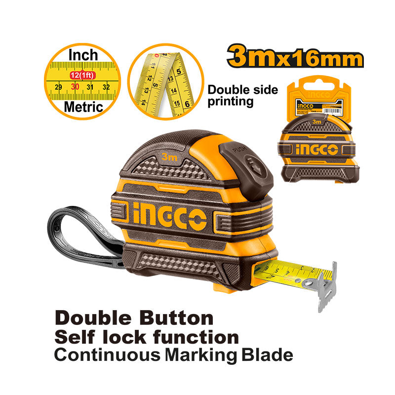 INGCO 3Mx16MM Double Button Self Lock Function, Continuous Marking Blade Steel Measuring Tape with Double Side Printing- HSMT08316