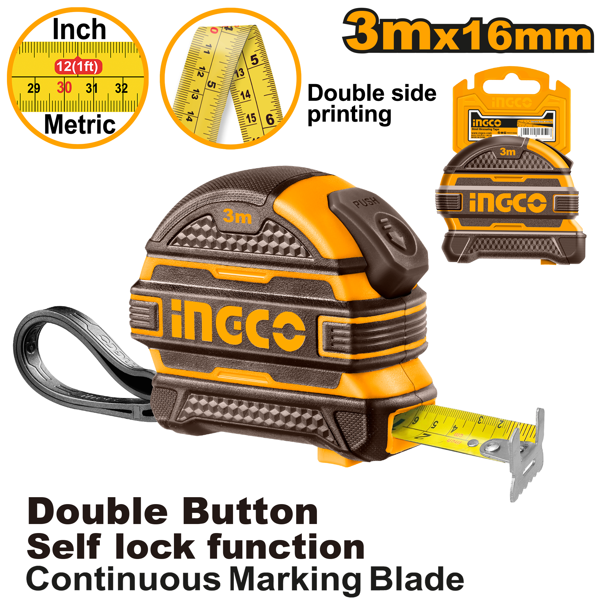 INGCO 3Mx16MM Double Button Self Lock Function, Continuous Marking Blade Steel Measuring Tape with Double Side Printing- HSMT08316 Main image