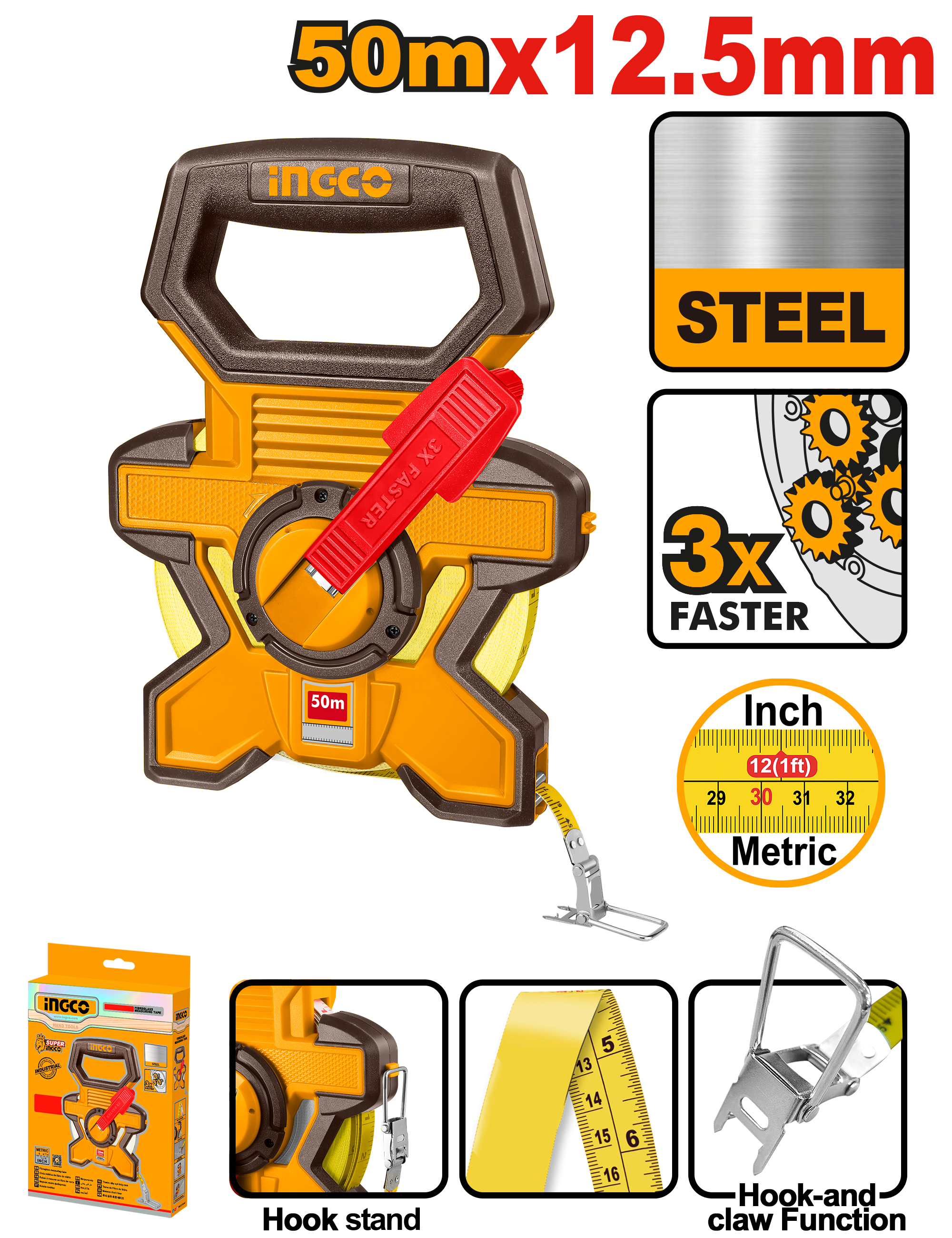 INGCO 50Mx12.5MM Steel Measuring Tape - HSMT0850 Main image