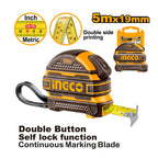 INGCO 5Mx19MM Double Button, Self Lock Function, Continuous Marking Blade Steel Measuring Tape with a Double Side Printing - HSMT08519