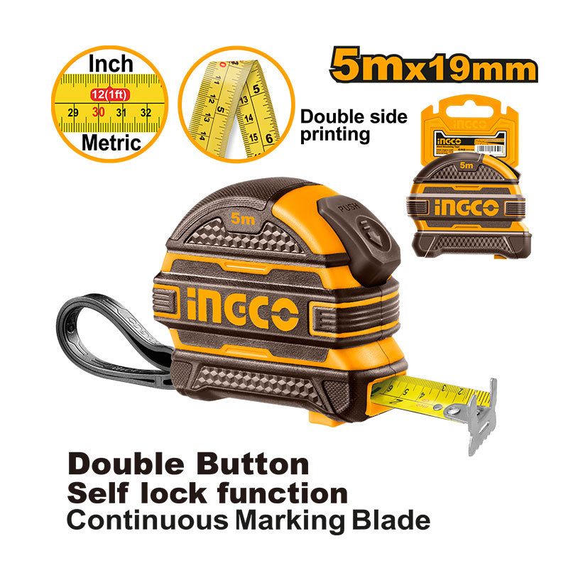 INGCO 5Mx19MM Double Button, Self Lock Function, Continuous Marking Blade Steel Measuring Tape with a Double Side Printing - HSMT08519