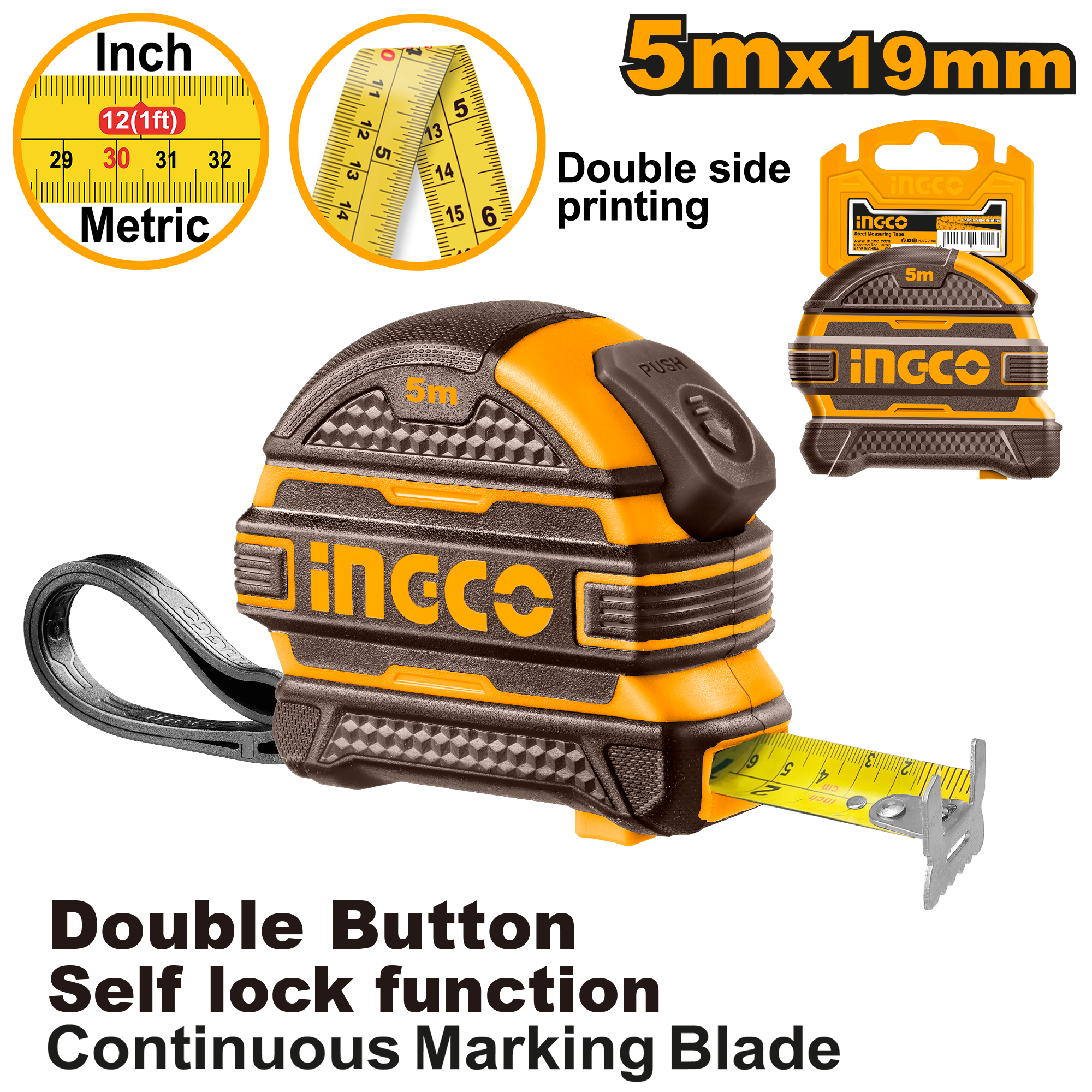 INGCO 5Mx19MM Double Button, Self Lock Function, Continuous Marking Blade Steel Measuring Tape with a Double Side Printing - HSMT08519