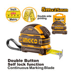 INGCO 5Mx25MM Double Button, Self Lock Function, Continuous Marking Blade Steel Measuring Tape with a Double Side Printing - HSMT08525