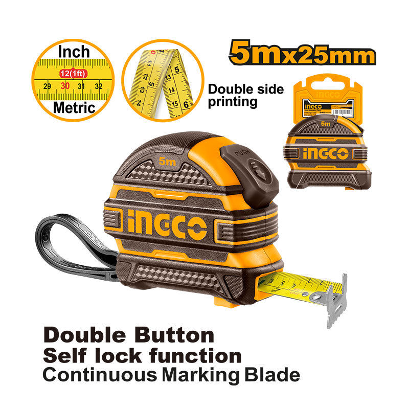 INGCO 5Mx25MM Double Button, Self Lock Function, Continuous Marking Blade Steel Measuring Tape with a Double Side Printing - HSMT08525