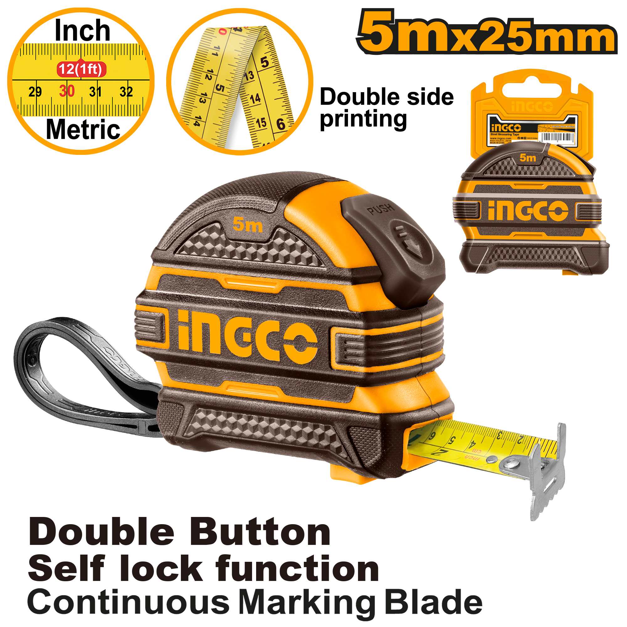 INGCO 5Mx25MM Double Button, Self Lock Function, Continuous Marking Blade Steel Measuring Tape with a Double Side Printing - HSMT08525