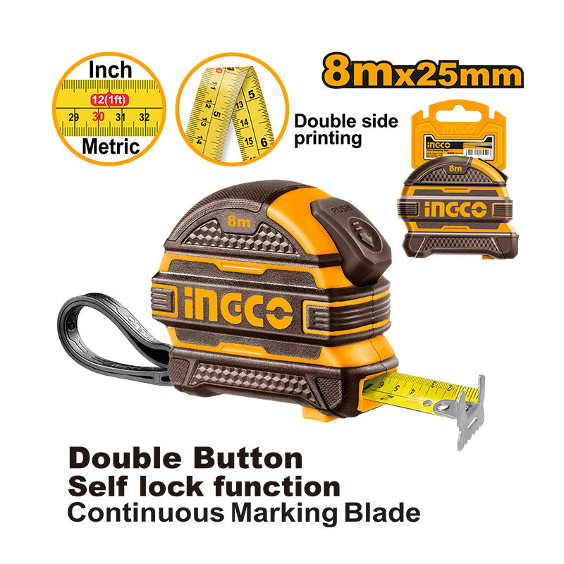INGCO 8Mx25MM Double Button, Self Lock Function, Continuous Marking Blade Steel Measuring Tape with a Double Side Printing - HSMT08825