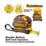 INGCO 8Mx25MM Double Button, Self Lock Function, Continuous Marking Blade Steel Measuring Tape with a Double Side Printing - HSMT08825