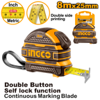 INGCO 8Mx25MM Double Button, Self Lock Function, Continuous Marking Blade Steel Measuring Tape with a Double Side Printing - HSMT08825