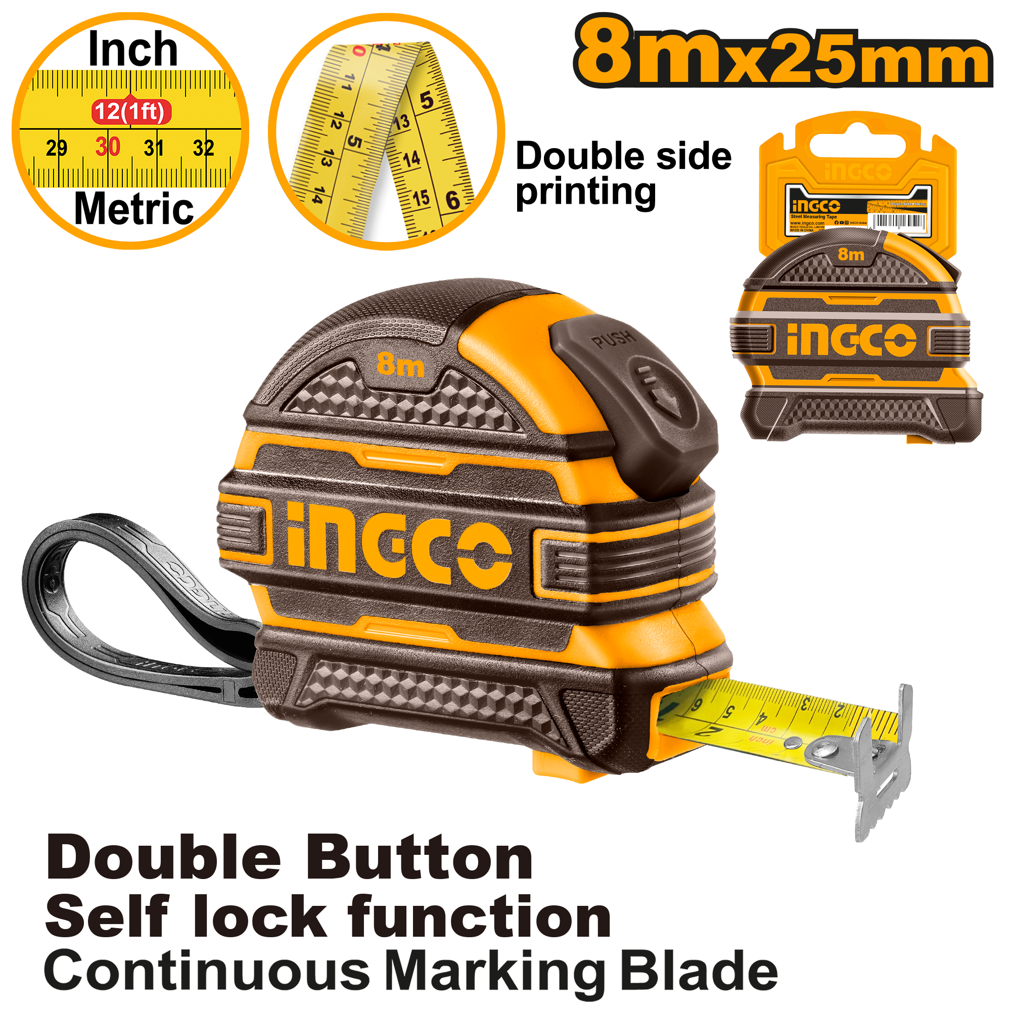 INGCO 8Mx25MM Double Button, Self Lock Function, Continuous Marking Blade Steel Measuring Tape with a Double Side Printing - HSMT08825