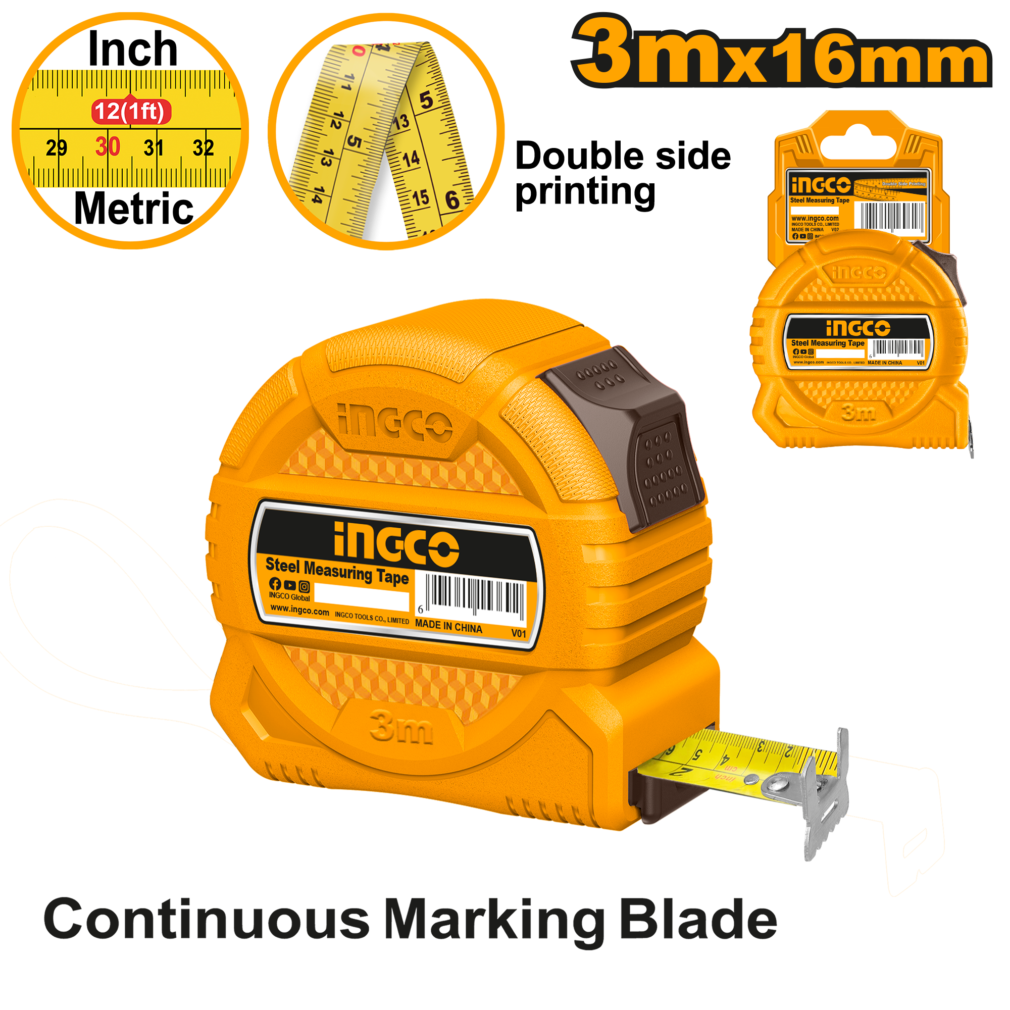 INGCO 3Mx16MM Continuous Marking Blade Steel Measuring Tape with Double Side Printing - HSMT39316 Main image