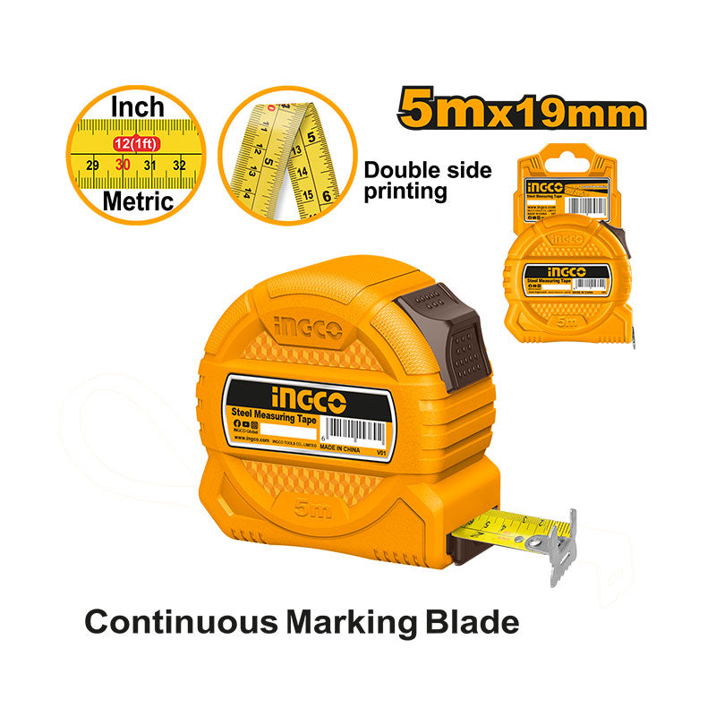 INGCO 5Mx19MM Continuous Marking Blade Steel Measuring Tape with Double Side Printing - HSMT39519