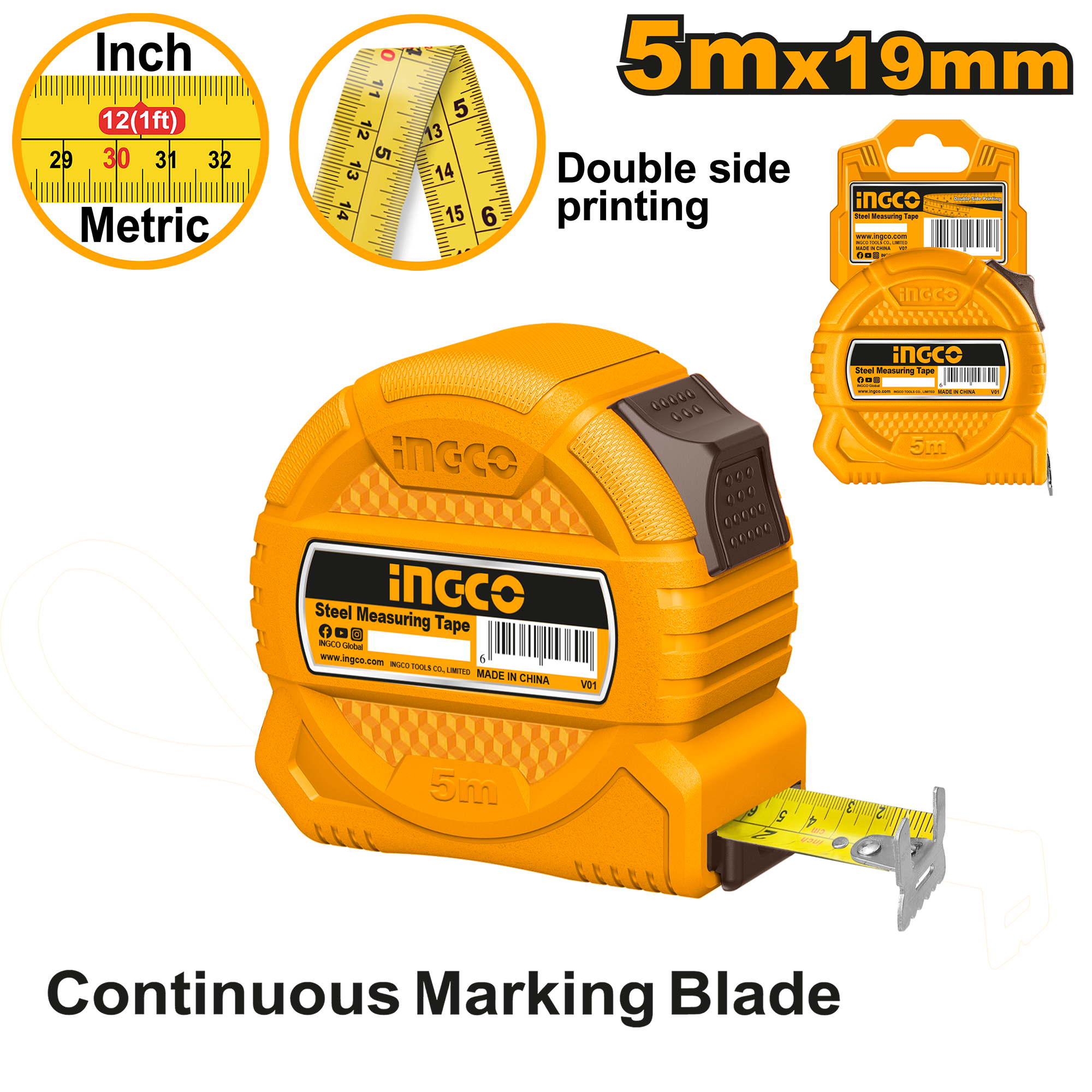 INGCO 5Mx19MM Continuous Marking Blade Steel Measuring Tape with Double Side Printing - HSMT39519