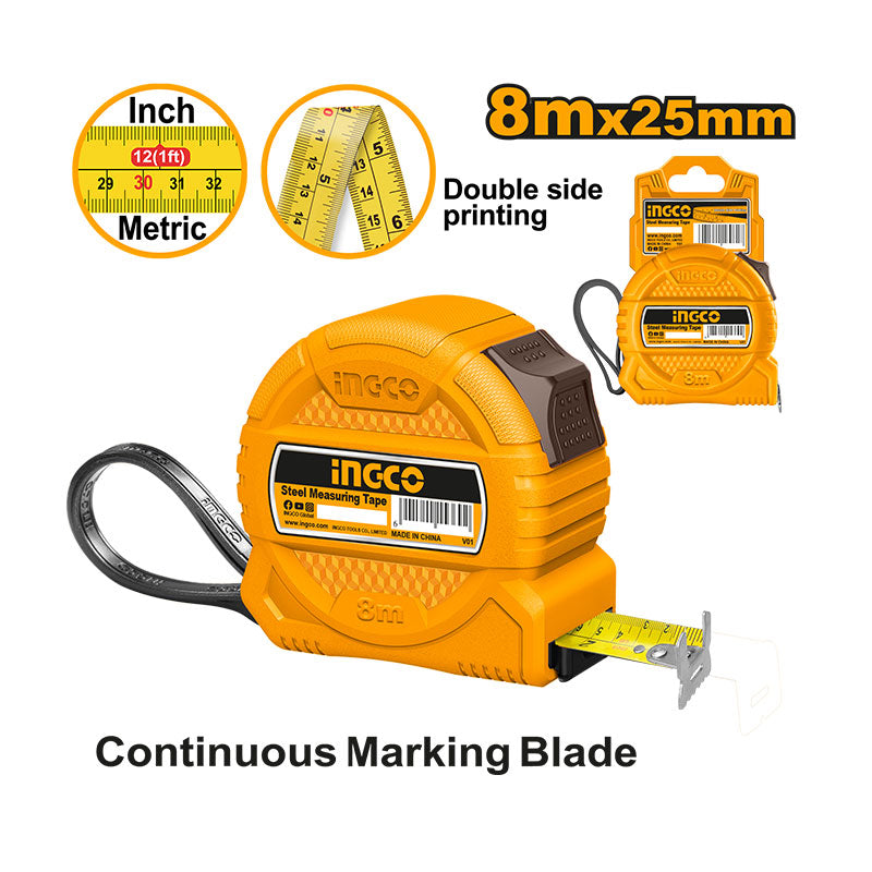 INGCO 8Mx25MM Continuous Marking Blade Steel Measuring Tape with Double Side Printing - HSMT39825