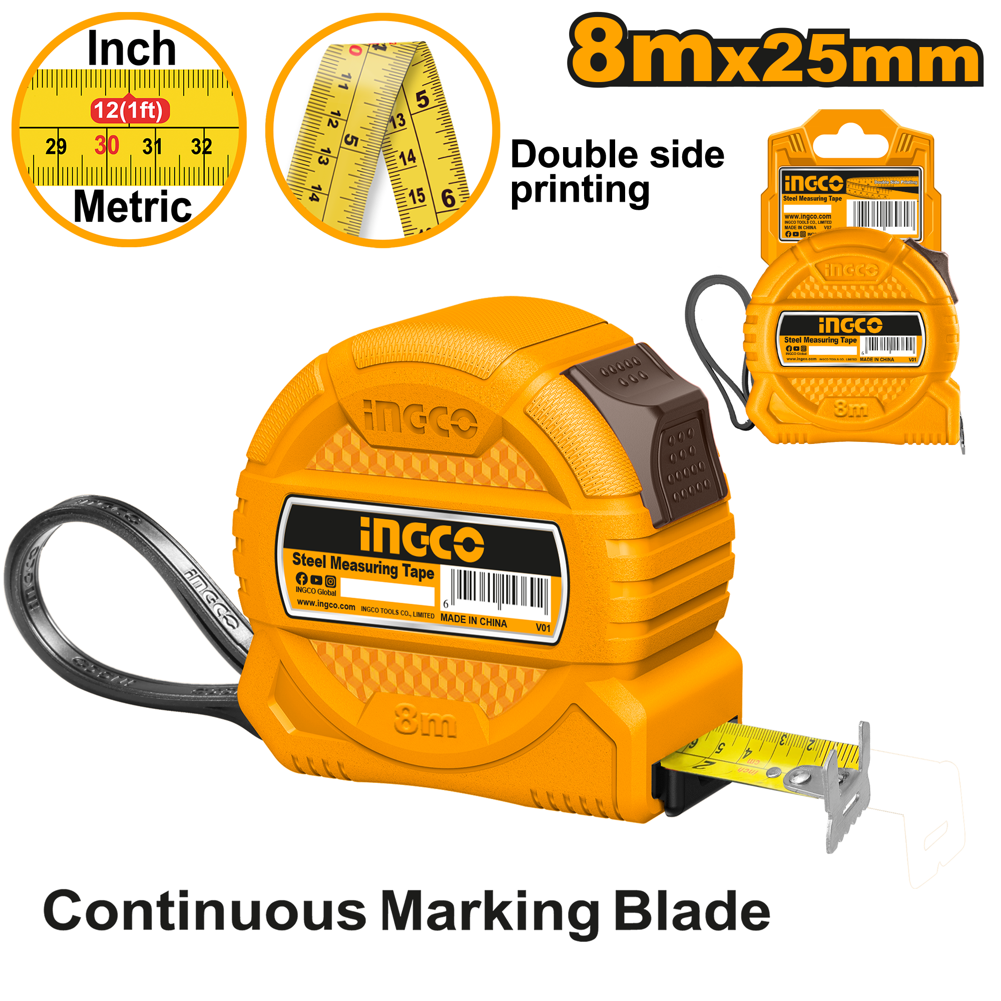 INGCO 8Mx25MM Continuous Marking Blade Steel Measuring Tape with Double Side Printing - HSMT39825 Main image