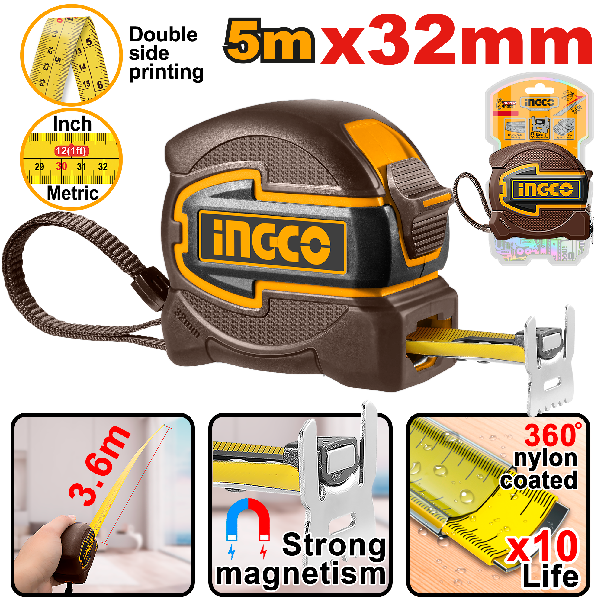 INGCO 5Mx32MM Strong Magnetism, 360° Nylon Coated Steel Measuring Tape with Double Side Printing - HSMT80532 Main image