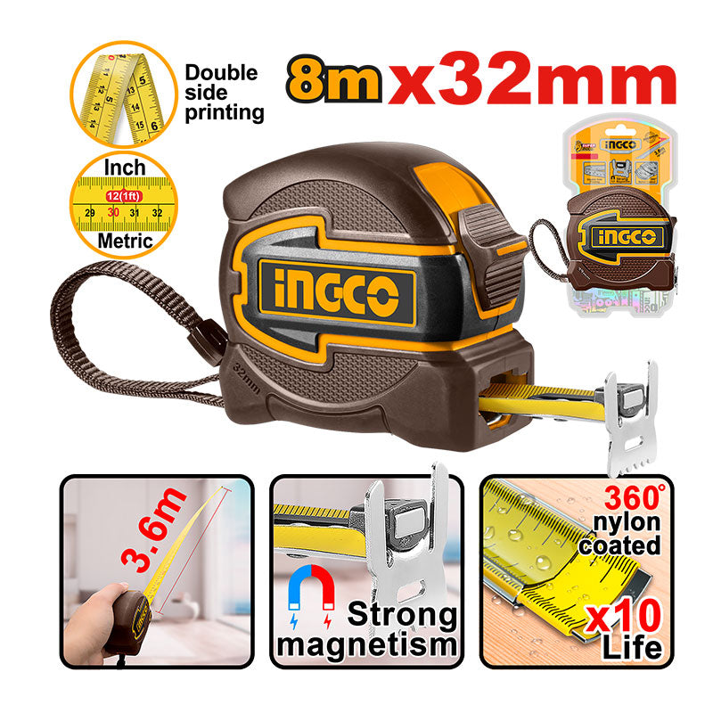 INGCO 8Mx32MM Strong Magnetism 360 Nylon Coated Steel Measuring Tape with Double Side Printing - HSMT80832