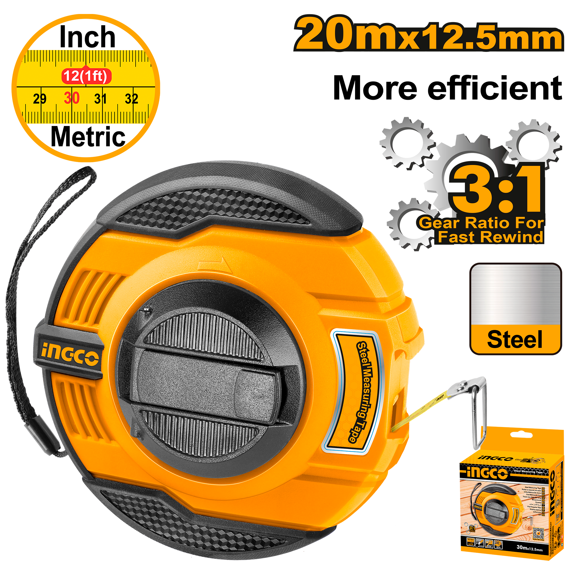 INGCO Steel Measuring Tape 20mx12.5mm - P10C40 - HSMT8420 Main image