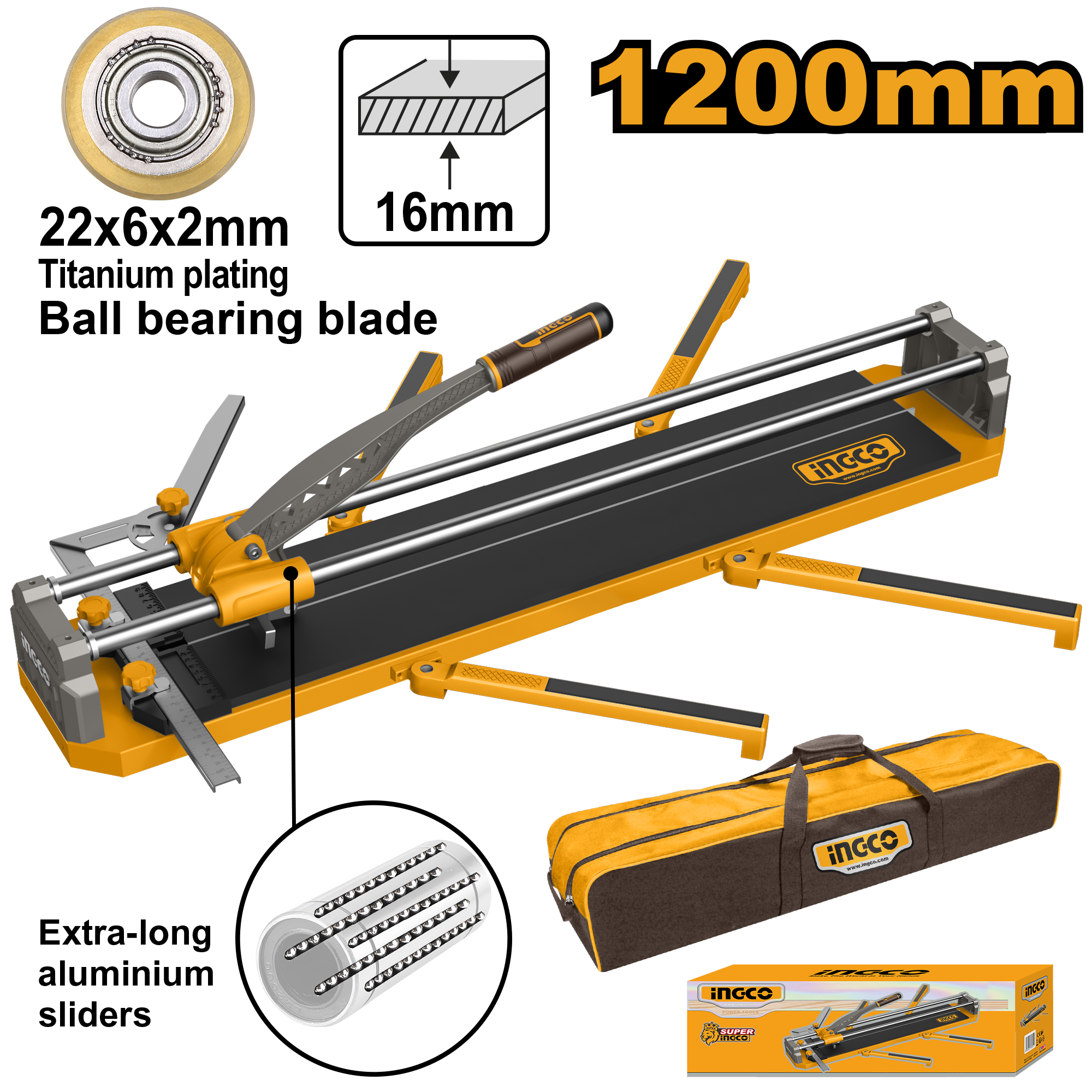 INGCO Extra-Long Aluminum Sliders 1200MM Tile Cutter with a 22x6x2MM Titanium Plating Ball Bearing Blade - HTC041201 Main image
