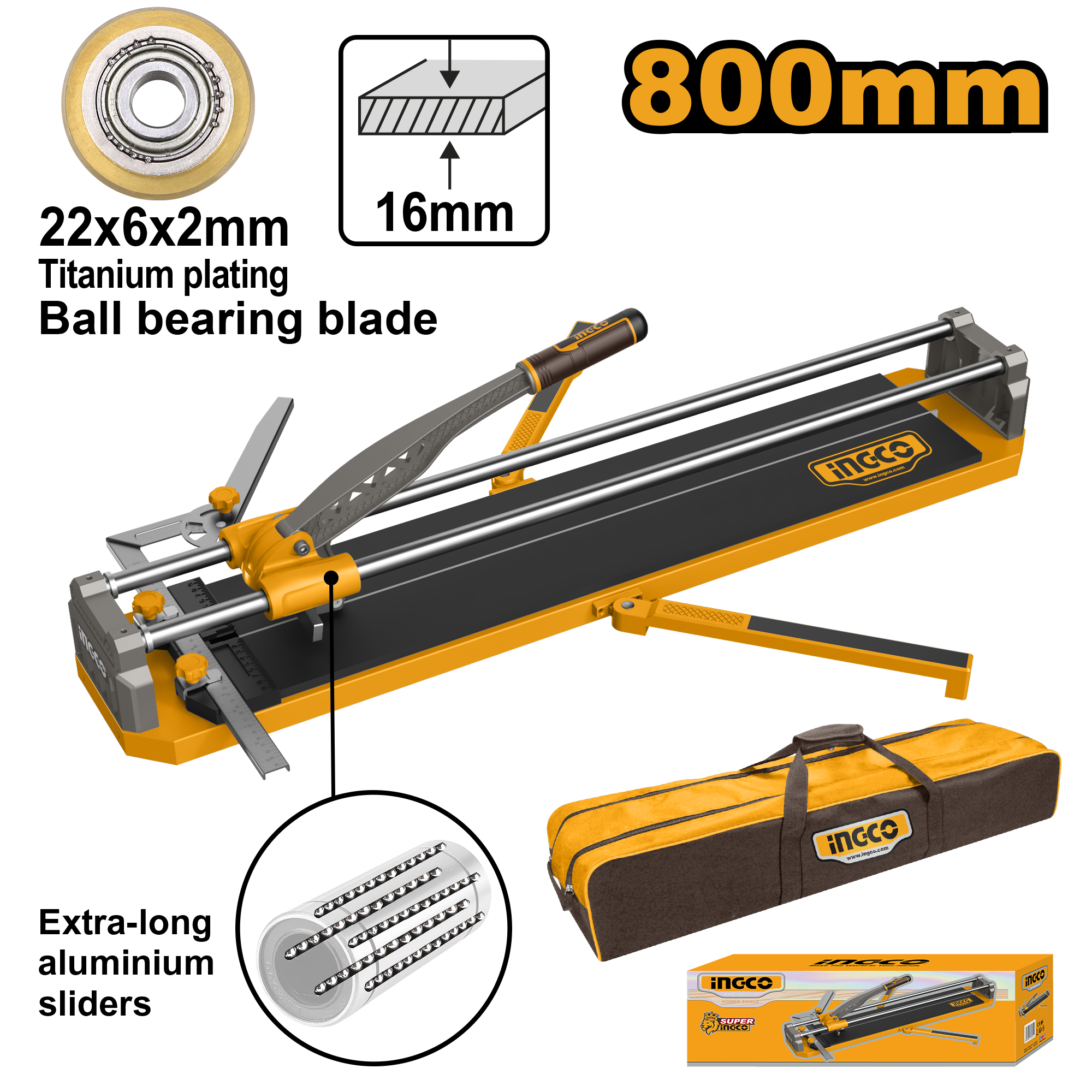 INGCO Extra-Long Aluminum Sliders 800MM Tile Cutter with a 22x6x2MM Titanium Plating Ball Bearing Blade - HTC04802 Main image