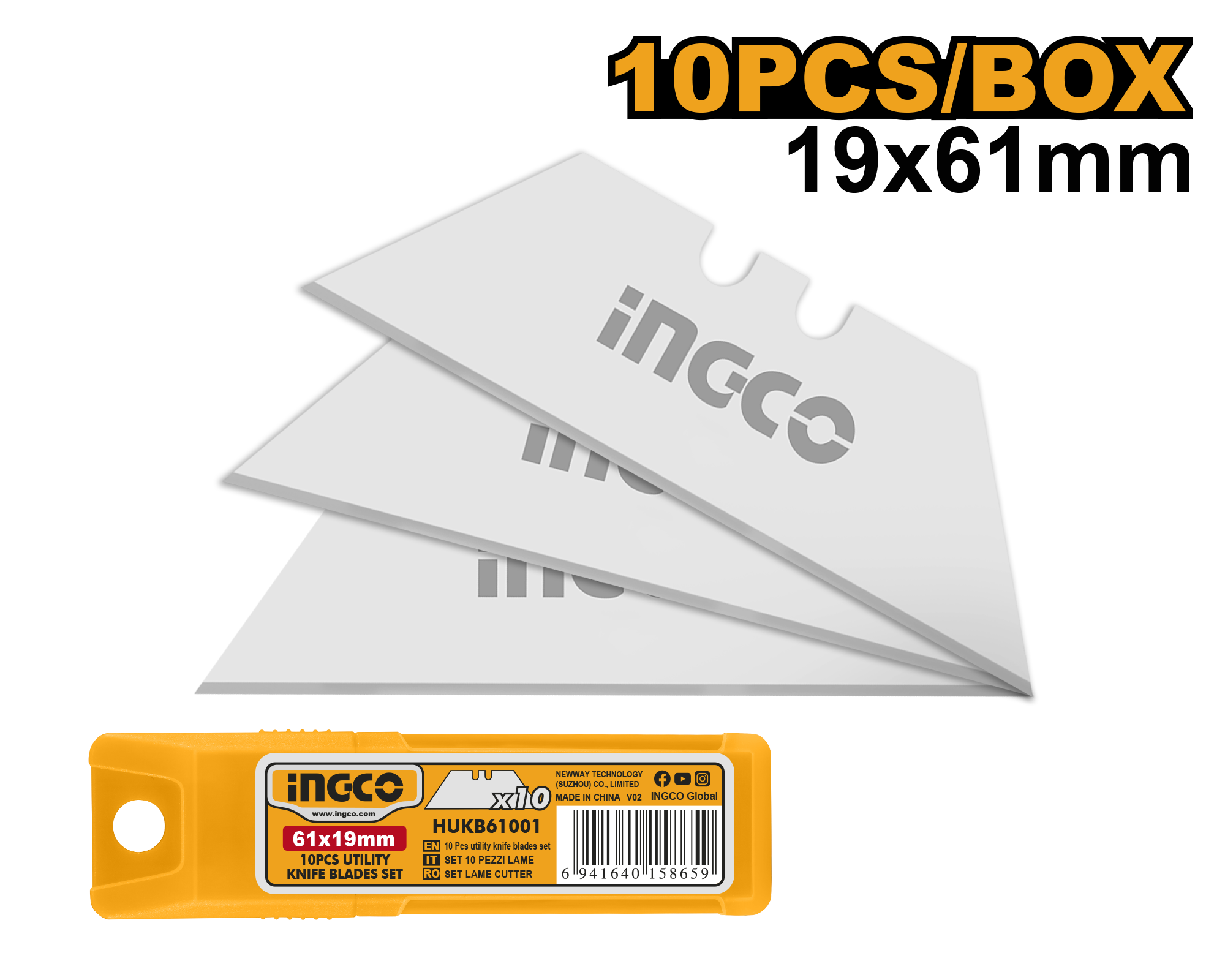 INGCO 19x61MM 10 PCs Utility Knife Blades Set - HUKB61001 Main image