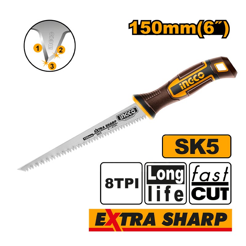 INGCO 8TPI, 150MM (6"), Long life, Fast Cut, SK5 Wall Board Saw Extra Sharp - HWBSW1506