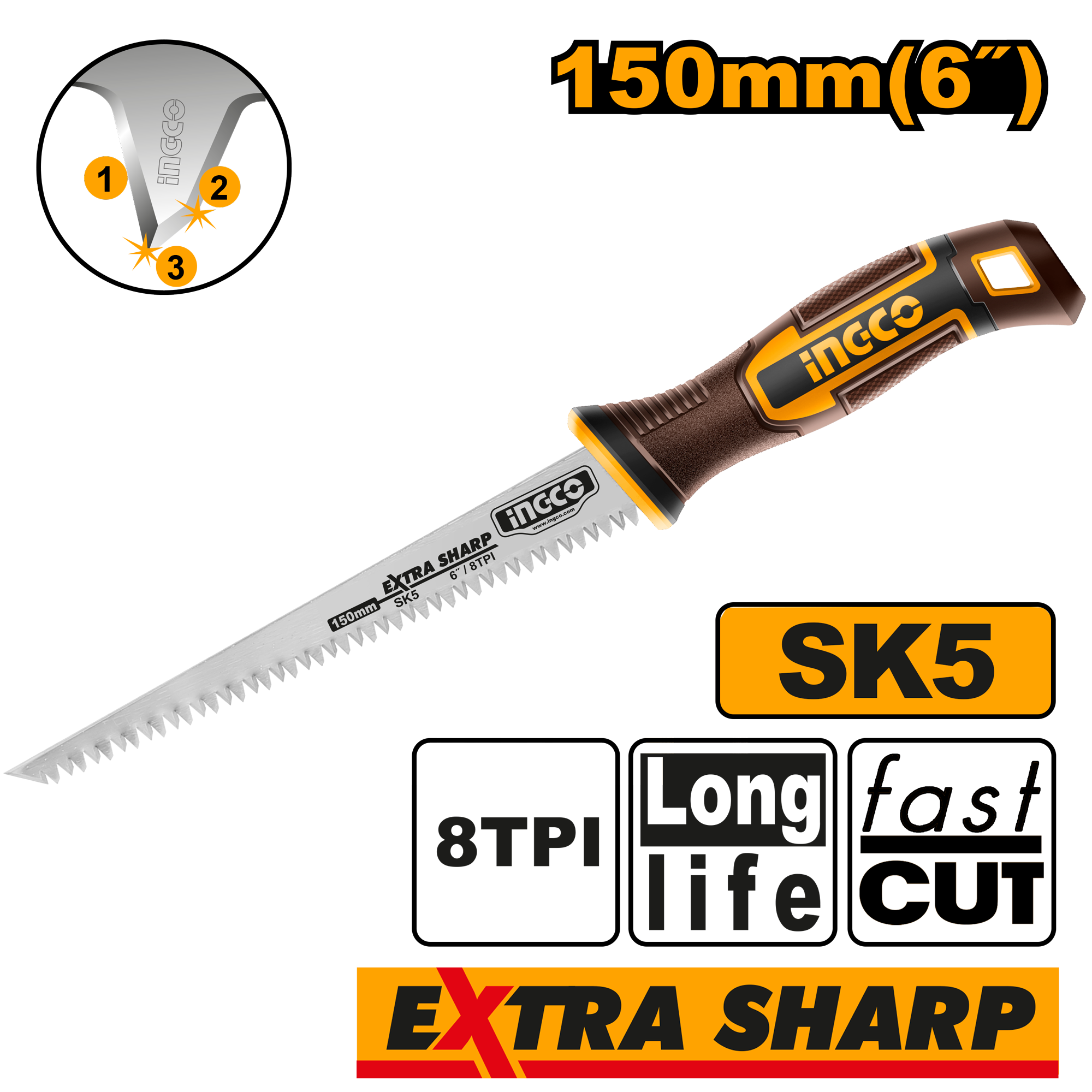 INGCO 8TPI, 150MM (6"), Long life, Fast Cut, SK5 Wall Board Saw Extra Sharp - HWBSW1506 Main image