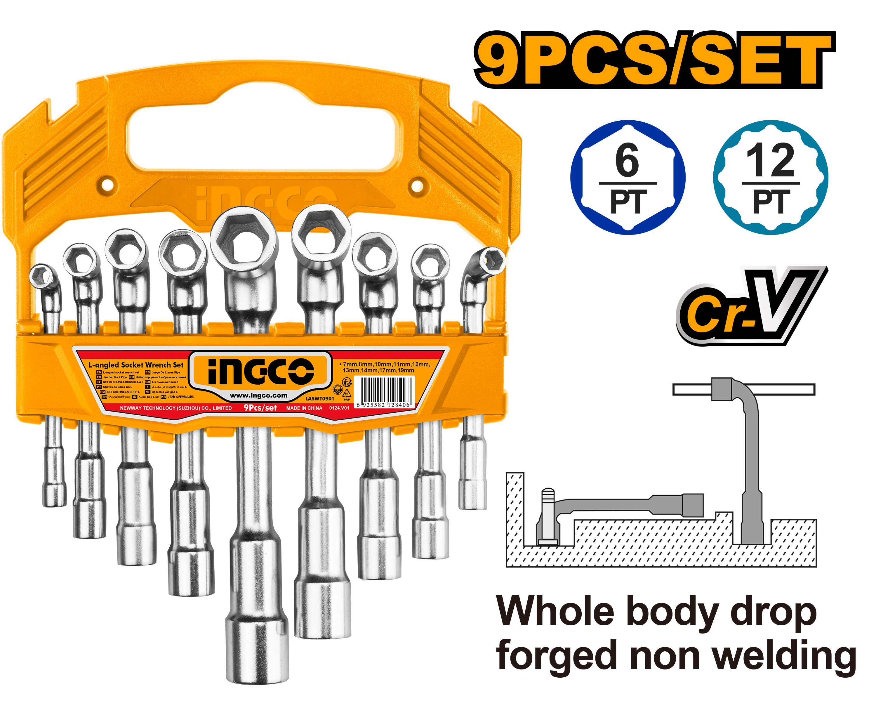 INGCO 9 PCs Set L-Angled Socket Wrench Set (Whole Body Drop Forged Non Welding) - LASWT0901