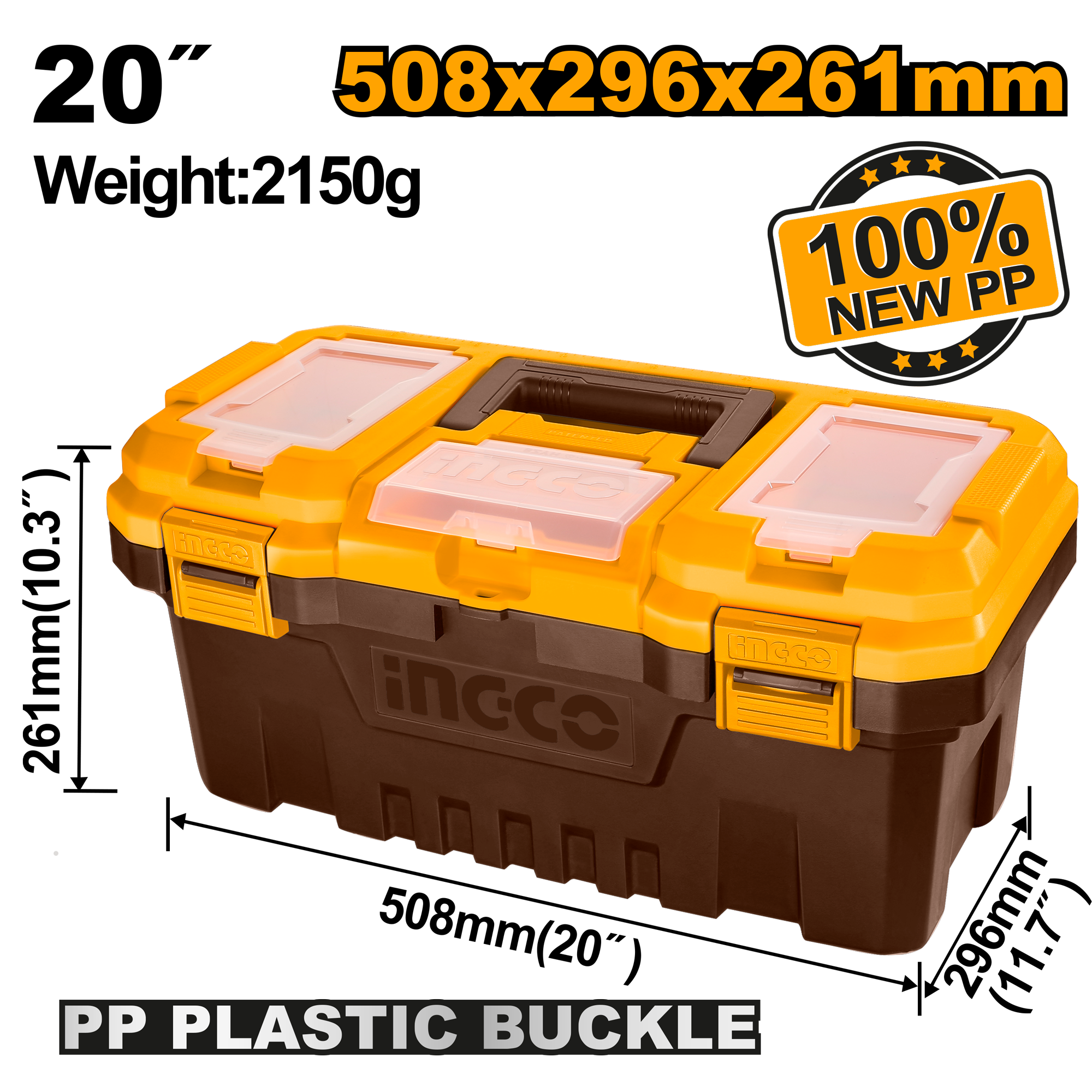INGCO 508x296x261MM 20" Plastic Toolbox - PBX2001