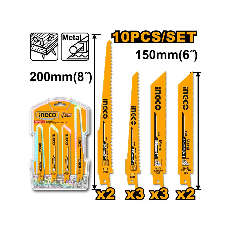 INGCO 150MM (6") 10PCs Reciprocating Saw Blades Set - RSB1001