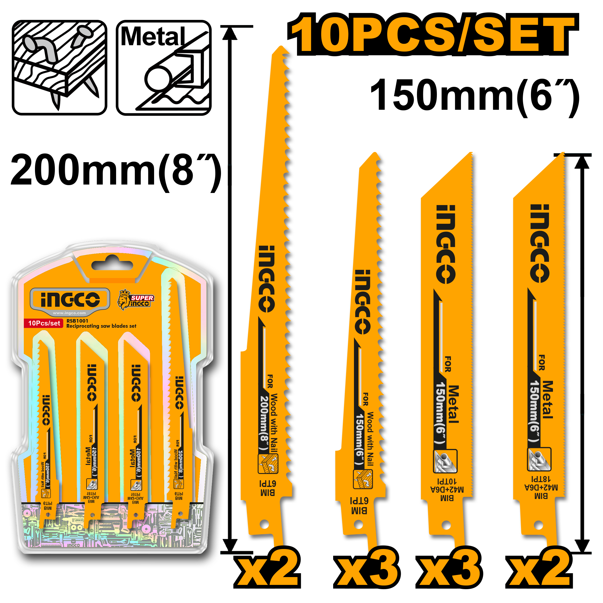 INGCO 150MM (6") 10PCs Reciprocating Saw Blades Set - RSB1001 Main image