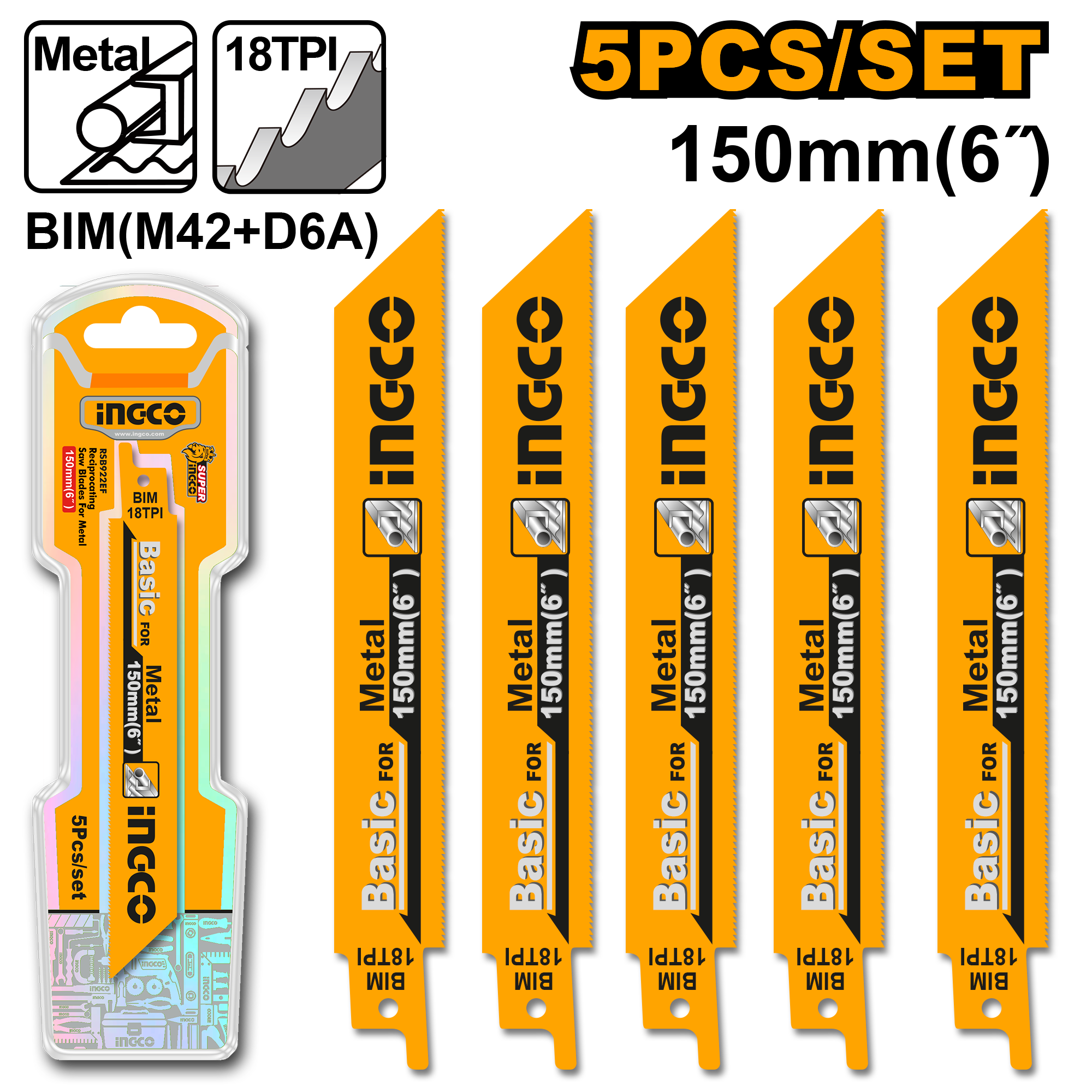 INGCO 150MM (6") 5PCs Reciprocating Saw Blades for Metal - RSB922EF