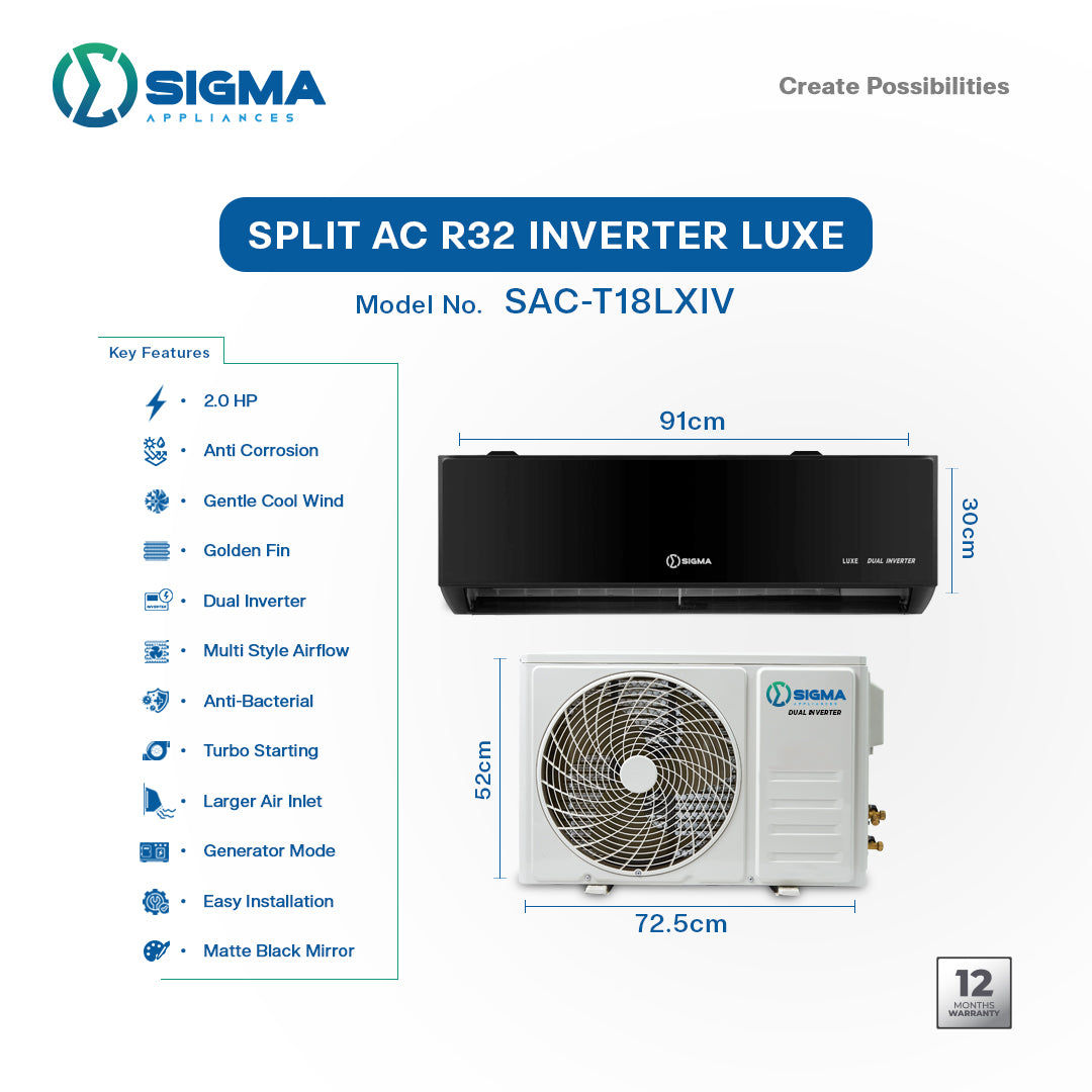 Sigma 2.0HP Split AC R32 Dual Inverter Luxe Series Black available at HomeCart Ghana