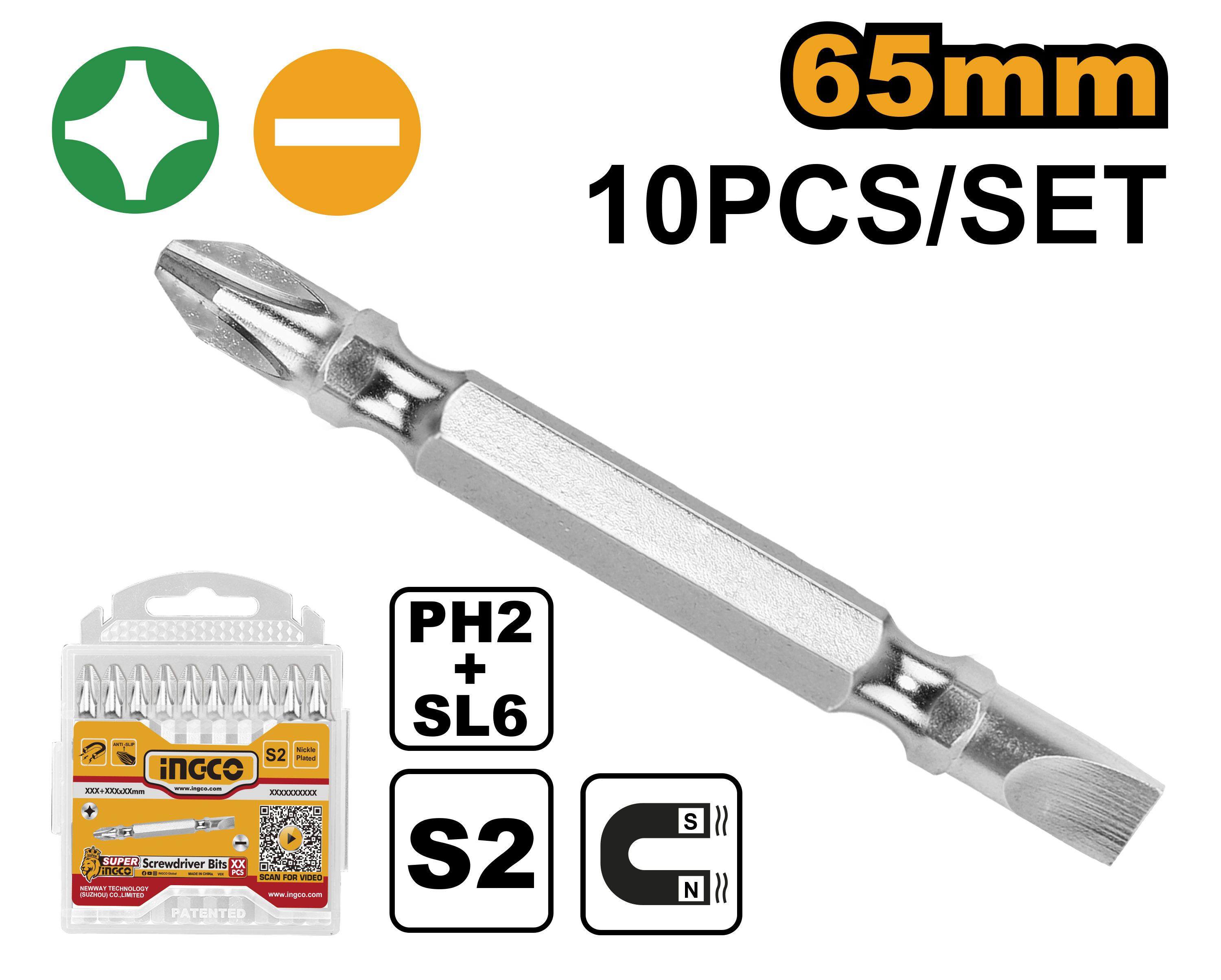 INGCO 65MM 10PCs Screwdriver Bits - SDB21HL133