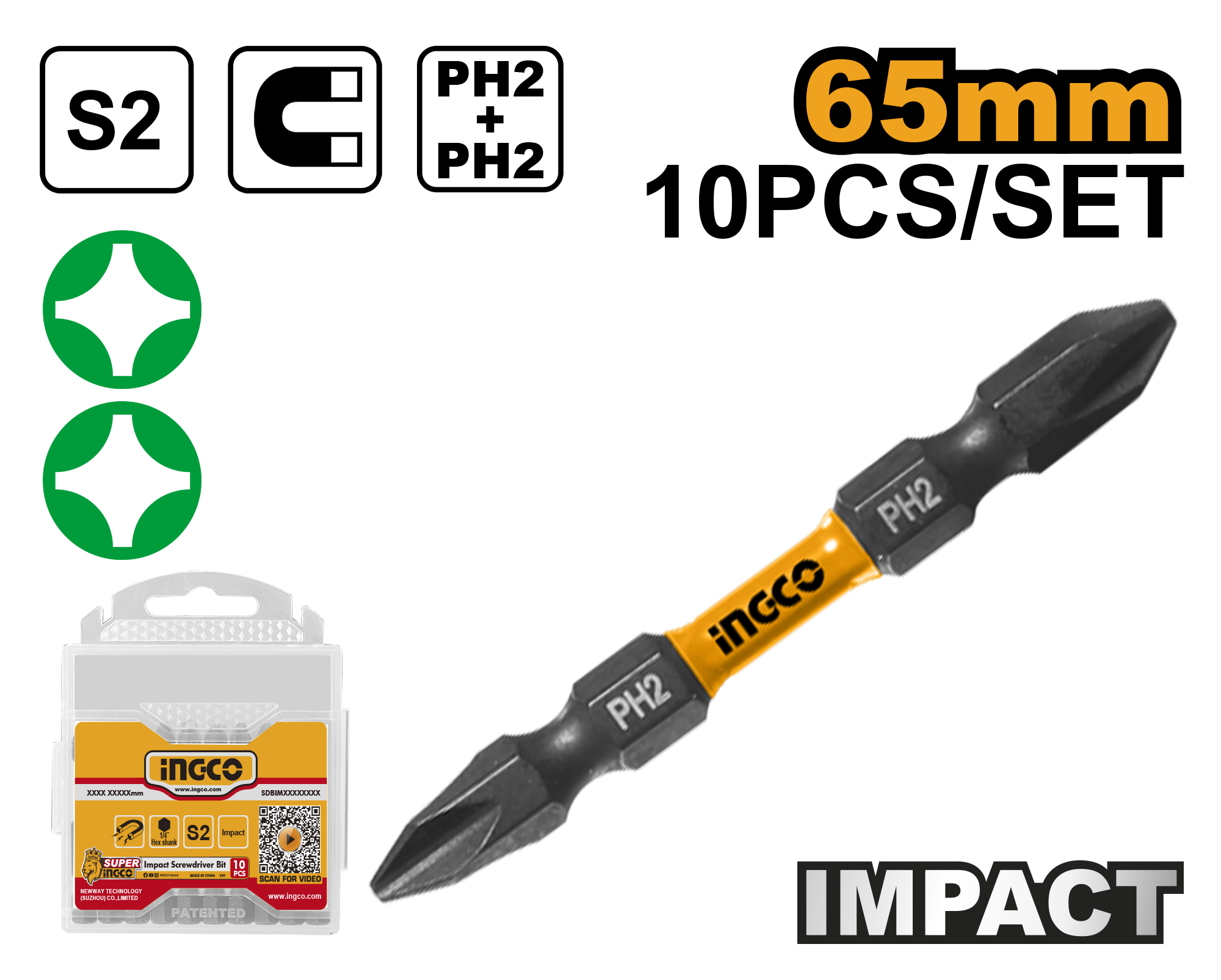 INGCO 65MM 10PCs Impact Screwdriver Bits - SDBIM21PH233