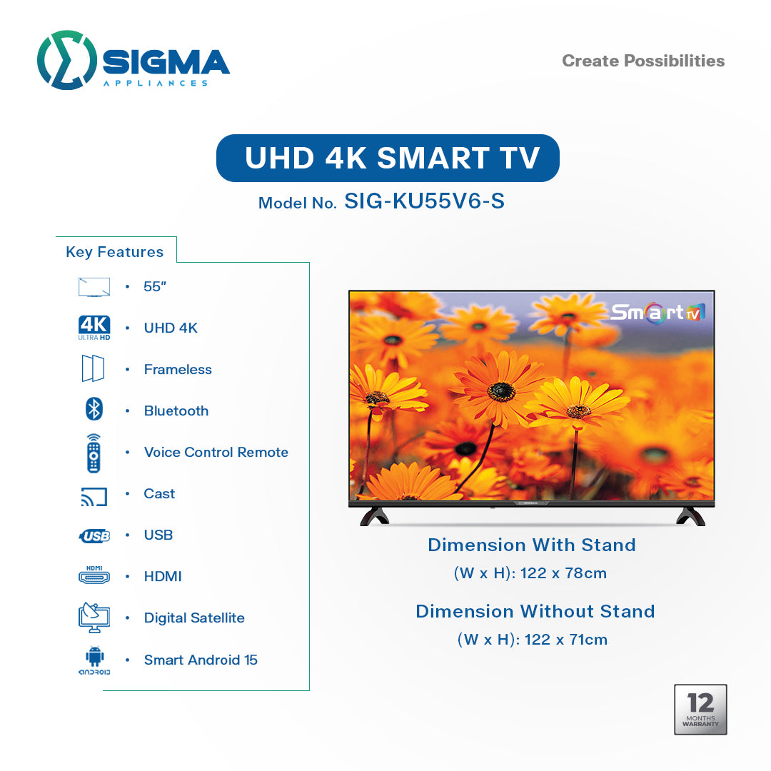 Sigma 55 Inch UHD 4K Smart Android TV available at HomeCart Ghana