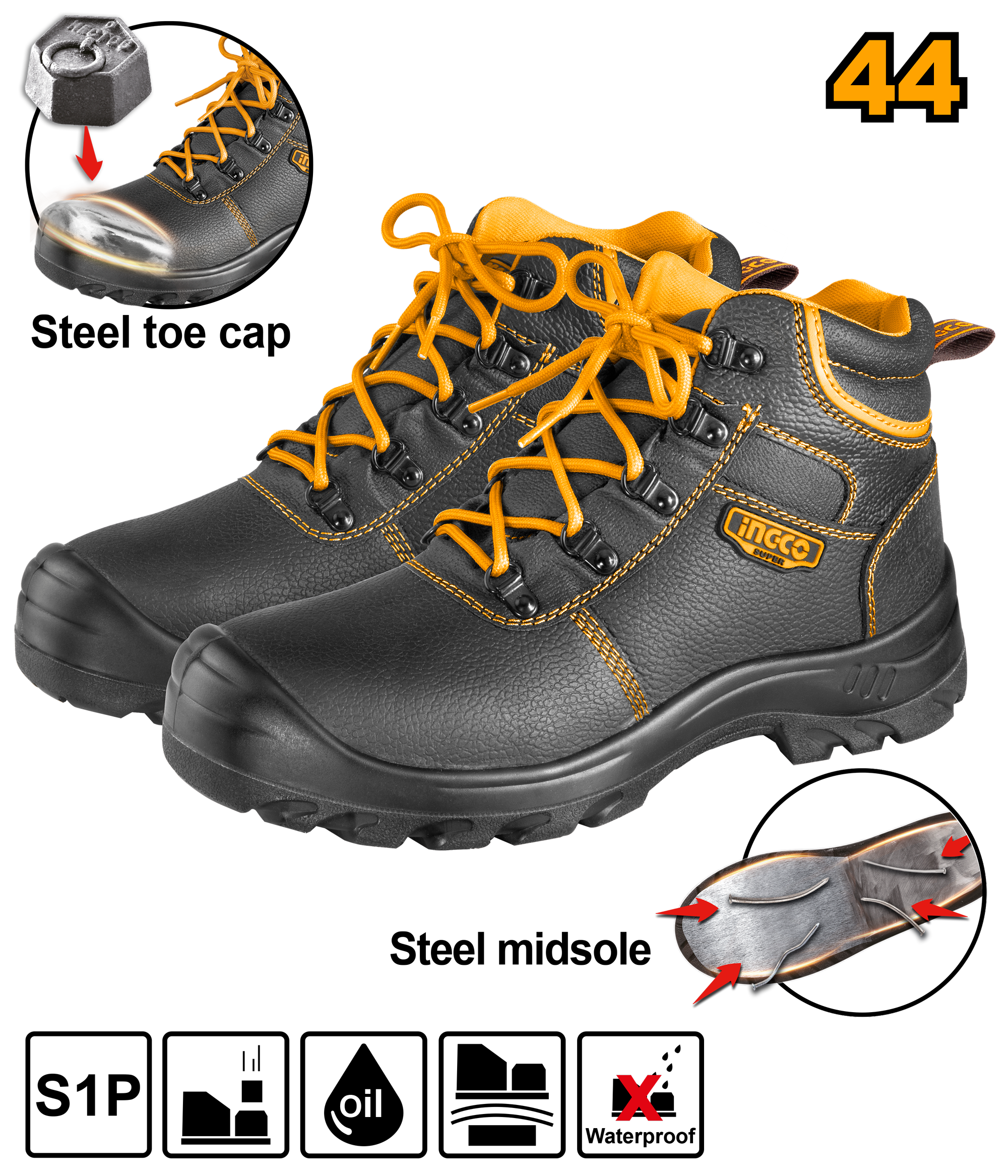 INGCO Steel Toe Cap & Midsole Safety Boots - SSH04S1P.42, 44& 45