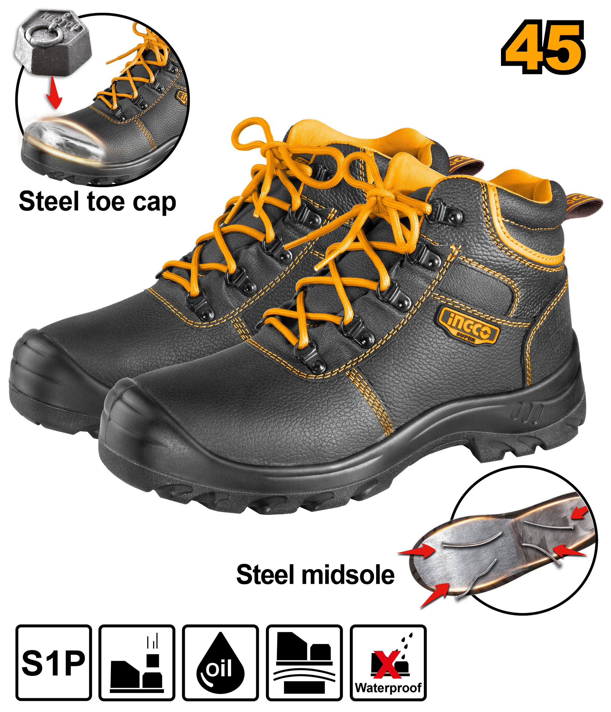 INGCO Steel Toe Cap & Midsole Safety Boots - SSH04S1P.42, 44& 45